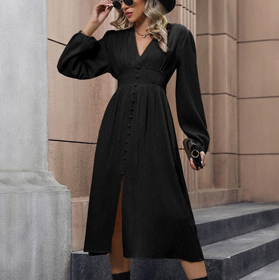 Chic Midi Dress with V-Neck & Button Accents