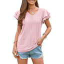 Women's V-Neck T-Shirt with Ruffle Accents and Eyelet Design