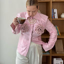 Chic Women's Blouse with 3D Rose Appliqués and Glitter Accents