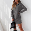 Stylish Women's Hooded Dress with Side Pockets and Snap Buttons