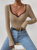 Women's V-Neck Long Sleeve Bodysuit with Stylish Contrast Accents
