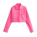 Chic Cropped Blouse with Classic Collar and Stylish Pockets