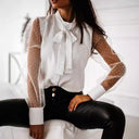 Chic Women's Blouse with Sheer Puff Sleeves & Bow Accent
