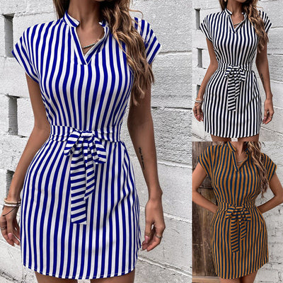 Women's Short Sleeve Shirt Dress with Waist Belt