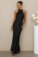 Chic Satin Maxi Dress with High Neck Design