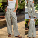 Striped Wide Leg Pants with Elastic Waist and Tie Belt for Women