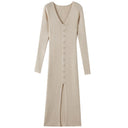 Chic Women’s Long-Sleeve Maxi Dress with Ribbed Design and Button Accent