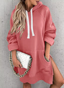 Chic Women's Hooded Dress with Pockets and Side Slits
