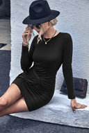 Chic Knee-Length Wrap Dress with Ruching and Long Sleeves
