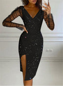 Chic Evening Dress with Sheer Sleeves and Side Slit