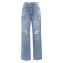 Distressed Women's Boyfriend Jeans with Button Placket