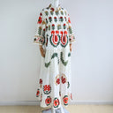 Checkered Long Sleeve Dress with Floral Embroidery