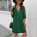 Chic Women's V-Neck Dress with Puff Sleeves and Flowy Hem
