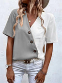 Chic Asymmetrical Short Sleeve Blouse with Button Accents