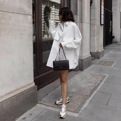 Sporty Striped Women's Shirt Dress with Short Sleeves