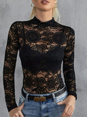 Floral Lace Long Sleeve Bodysuit with High Collar