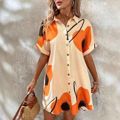 Floral Print Women's Shirt Dress with Button Placket