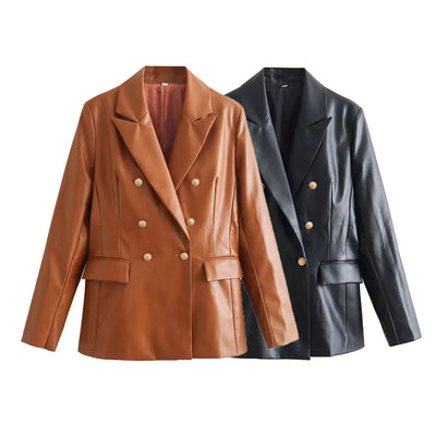Women's Faux Leather Blazer Jacket with Chic Double-Breasted Design