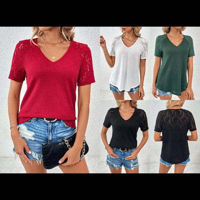 Chic V-Neck Top with Lace Sleeves & Textured Design