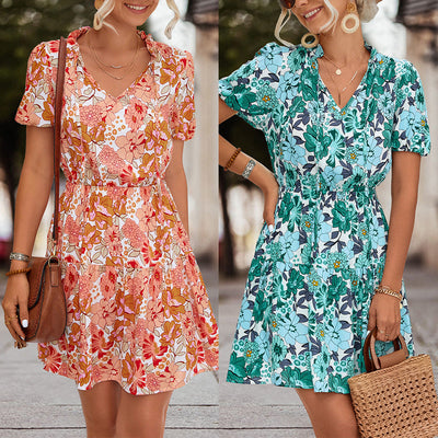 Floral Print Women's Blouse Dress with Elastic Waist