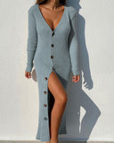 Chic Long Knit Dress with Deep V-Neck & Button Accents