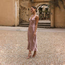 Women's Satin Finish Maxi Dress with Adjustable Straps