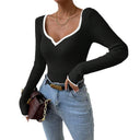 Women's V-Neck Long Sleeve Bodysuit with Stylish Contrast Accents