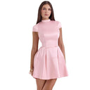 Chic Satin Women's Dress with Stylish Collar and Flared Skirt