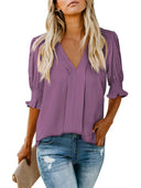 Chic V-Neck Blouse with Ruffled Sleeves and Pleats