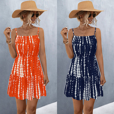 Women's Spaghetti Strap Tie-Dye Dress with Flowing Skirt