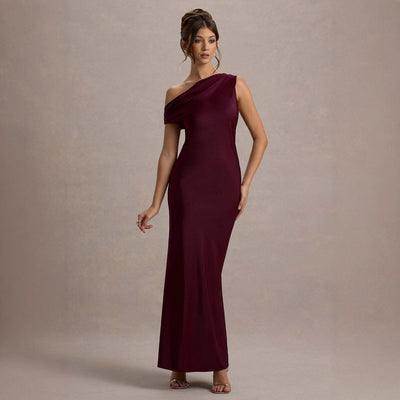 Asymmetrical Shoulder Women's Evening Dress - Chic Fitted Style