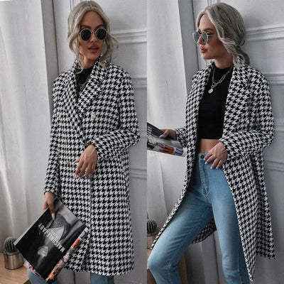 Chic Women's Checkered Long Blazer with Stylish Cut