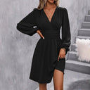 Chic Knee-Length Wrap Dress with Stylish Puff Sleeves