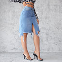 High-Slit Denim Skirt with Fringe Hem