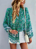 Colorful Floral Women's Blouse with Ruffled Sleeves