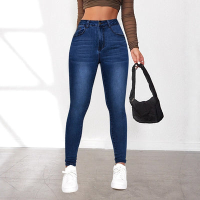 High-Waist Skinny Jeans with Faux Pockets and Elastic Waistband for Women