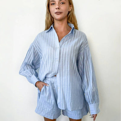 Women's Short Sleeve Striped Blouse Set with Waistband
