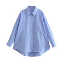 Women's Striped Blouse with Button Accents and Chest Pockets