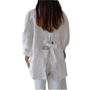 Pure Linen Women's Blouse with Button Placket and Wide Sleeves