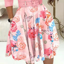 Floral Print A-Line Dress with Waist Belt for Women
