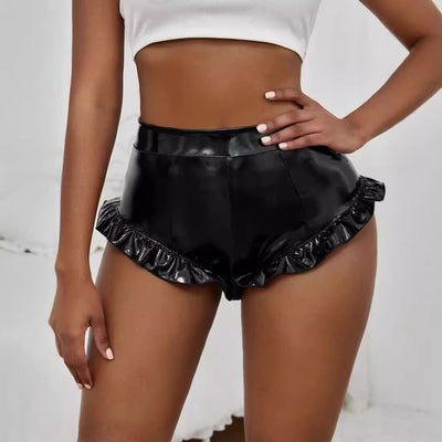 Ruffle-Detail High Waist Faux Leather Shorts for Women