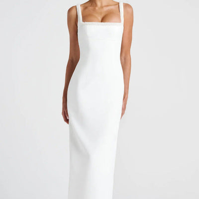 Chic Women's Evening Dress with Square Neckline and Refined Accents