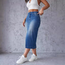 Chic Women's Denim Midi Skirt with Side Slit and Frayed Hem