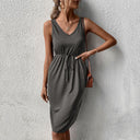 Women's Midi Dress with High Collar and Adjustable Belt