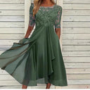 Ladies Lace Sleeve Midi Dress with Flared Skirt