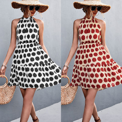 Stylish Halter Dress with Dots and Flared Skirt