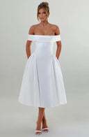 Off-Shoulder Midi Dress with Flared Pleats and Pockets