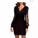 Stylish Glitter Cocktail Dress with Sheer Sleeves