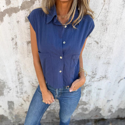 Chic Short Sleeve Blouse with Handy Pockets