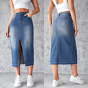 Chic Women's Denim Midi Skirt with High Slit and Frayed Hem